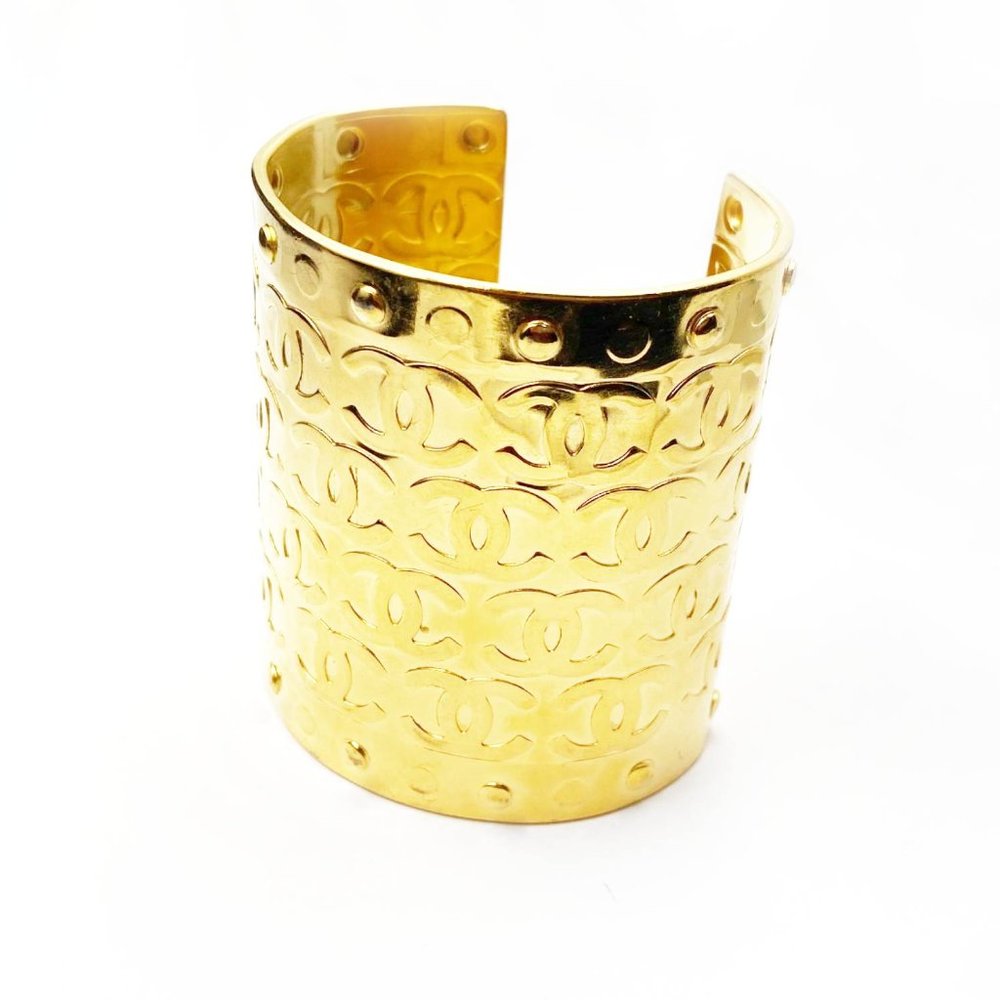 Chanel Vintage Rare Gold Plated CCs Thick Cuff Bracelet